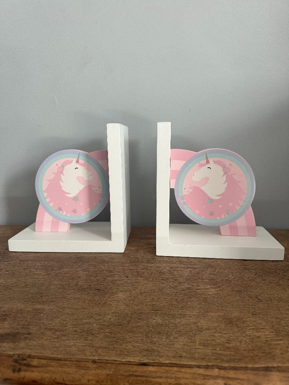 Pastel Rainbow & Unicorn Wood Bookends - Glitter Detail - Set of 2
